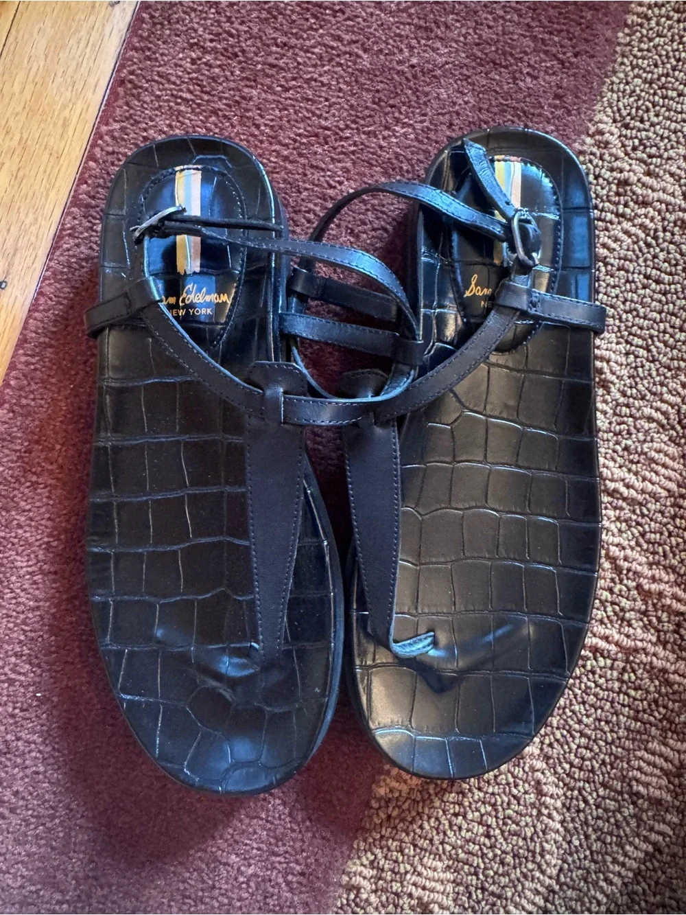 Sam Edelman black crocodile embossed t-strap sandals - worn once